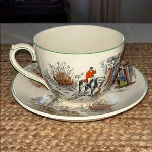 Extra Large Royal Cauldon Tea Cup and Saucer with hunting scene details.
